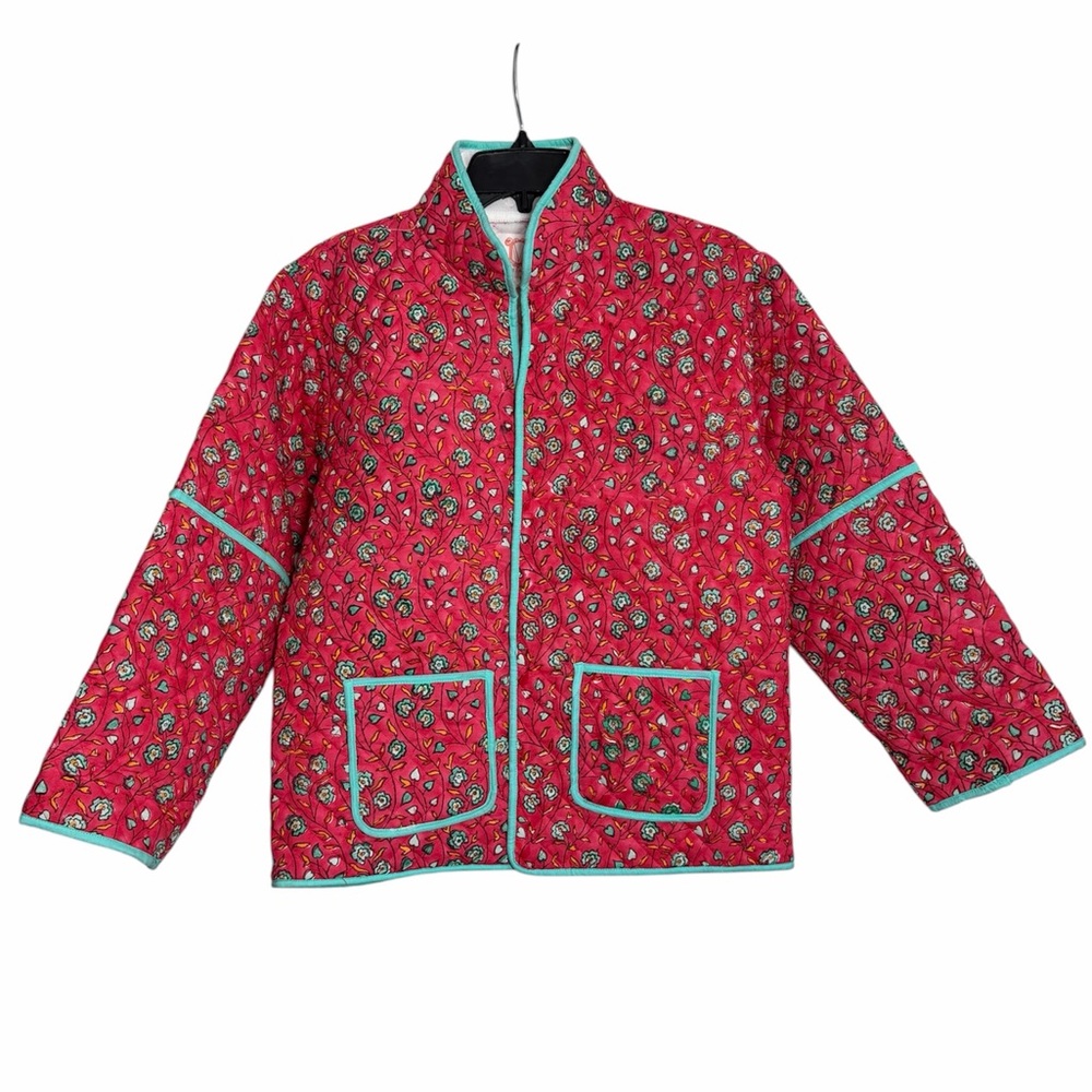 Victoria Dunn Marie Floral Dancing Daisy Red Aqua Quilted‎ Jacket Spring Small